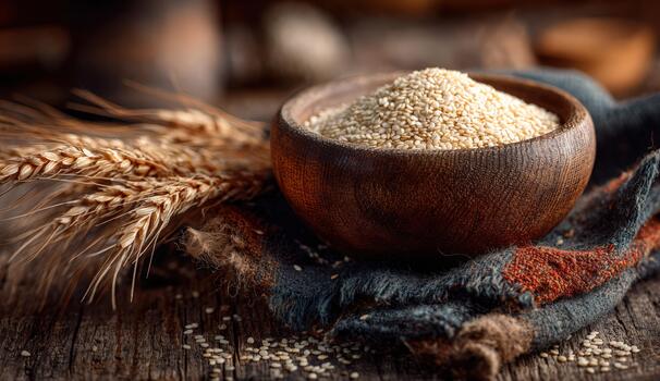 Wooden bowl filled with sesame seeds placed on rustic fabric with wheat stalks, showcasing natural ingredients and culinary elements in a warm, inviting kitchen setting photo