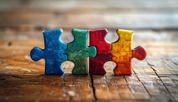 Connected Puzzle Pieces A Colorful Symbol of Unity, Collaboration, and Problem-Solving on a Wooden Surface photo