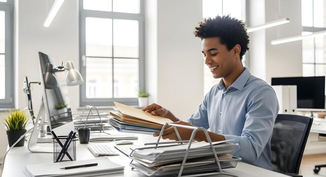 Smiling office worker at desk, examining documents and files in well-lit workspace, focused on administrative tasks and organization photo