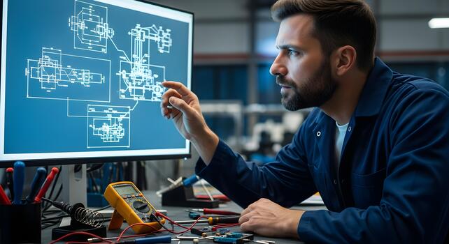 Engineer meticulously examines blueprints on a computer screen, delving into the intricacies of technical drawings for precise project analysis photo