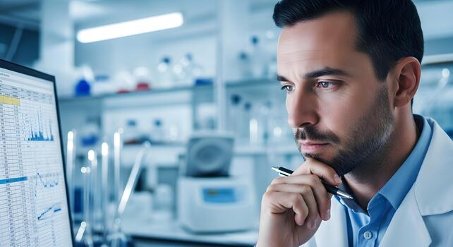 Concentrated male scientist meticulously analyzing data on computer screen, deep in thought, in modern laboratory setting photo