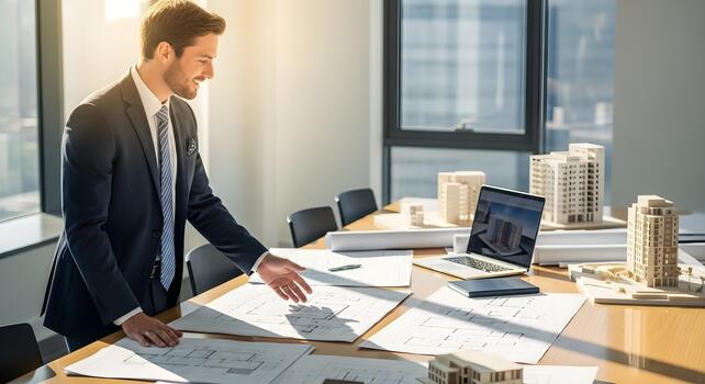 Architect's Review A Professional Architect Examining Blueprints and Architectural Models for Project Development and Design Review photo