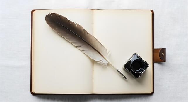 An open journal with a feather quill resting on the pages next to an inkwell, inviting the creative journey of writing and reflection photo