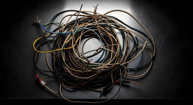 Tangled Mass of Electrical Wires on Dark Background A Complex Web of Connections and Potential Hazards, Illustrating Clutter and Disorganization. photo