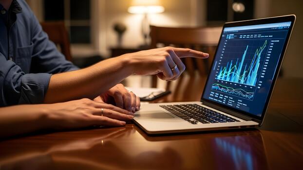 A person points to a graph on a laptop screen while working at a table. photo