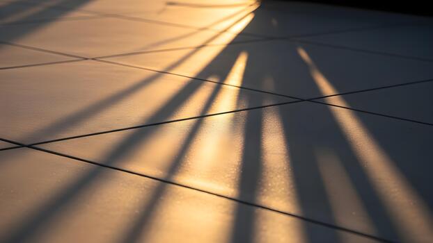 Sunlight streams across a tiled surface creating long shadows and highlighting the texture. photo