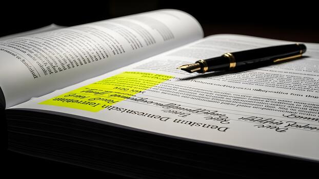 An open book with highlighted text and a fountain pen resting on the page. photo