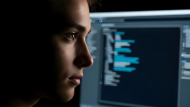 A person looks intently at computer code on a monitor in a darkened room. photo
