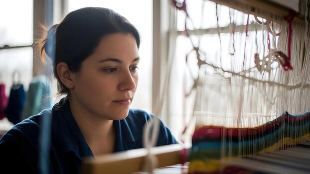 Woman weaving colorful threads on a loom in a bright studio. photo
