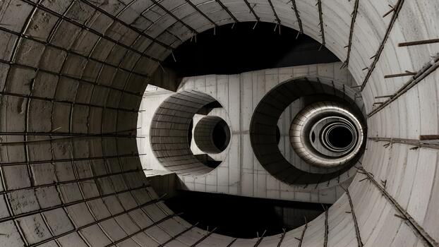 A captivating abstract view inside a modern concrete industrial structure with multiple concentric circular tunnels creating a deep perspective. photo
