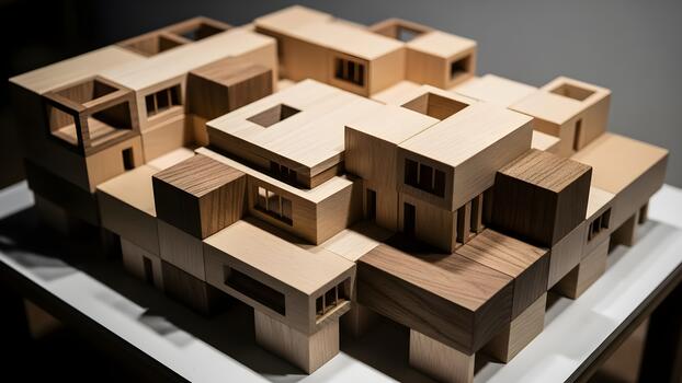 A complex building model constructed from various wooden blocks sits on a white surface. photo