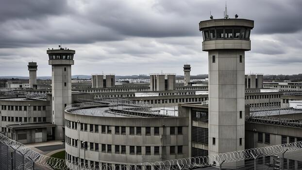 View of a large prison complex with multiple towers under a cloudy sky. photo