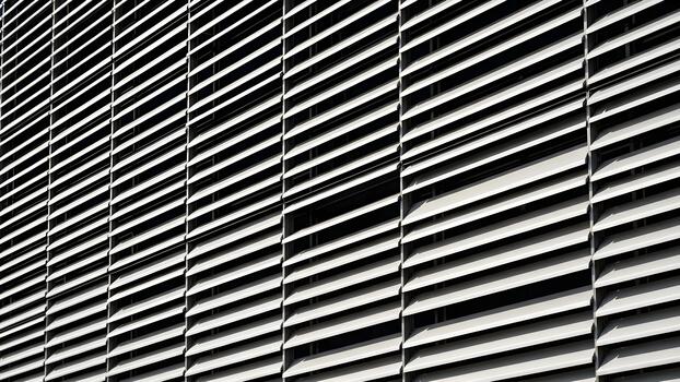 Angled view of a building facade with repeating horizontal slats and contrasting light and shadows. photo