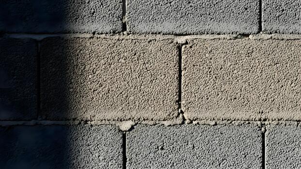 Sunlight highlights the rough texture of a concrete block wall casting a sharp shadow on the left. photo