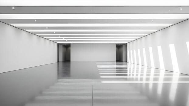 Modern empty gallery space illuminated by bright linear ceiling lights and a reflective floor. photo