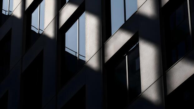 Light and shadows create striking geometric patterns on a modern building facade. photo
