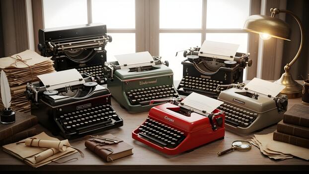 A collection of vintage typewriters are displayed on a desk with papers books and a lamp near a window. photo