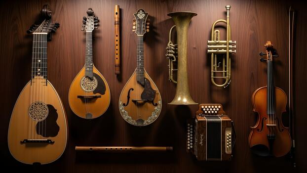 A diverse collection of musical instruments including string wind and accordion displayed against a warm wooden background. photo