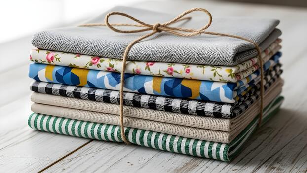 A stack of colorful folded fabrics with various patterns is neatly tied with a natural twine bow resting on a white wooden table. photo