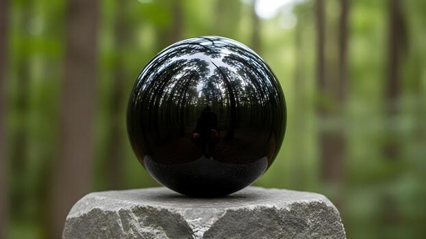 A highly reflective black sphere sits atop a rough stone against a blurred forest background. photo