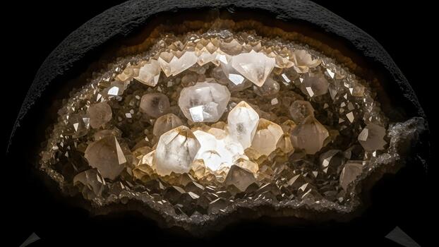 Inside view of a large geode filled with sparkling quartz crystals illuminated from within. photo