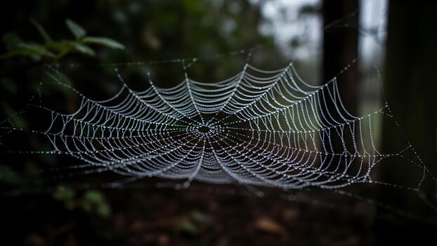 A spiderweb covered in dew drops hangs in a dark forest creating a beautiful and intricate pattern. photo