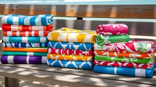 Multiple stacks of vibrantly colored beach towels some striped and some patterned are neatly arranged on a wooden bench. photo