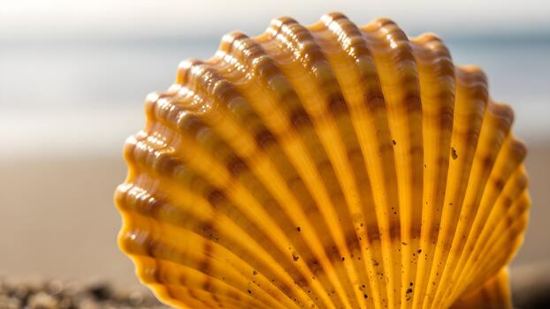 A close up of a beautiful sunlit seashell resting on the beach. photo