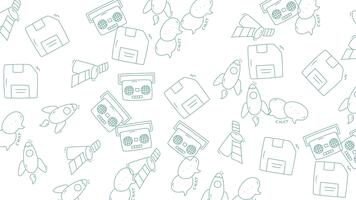 Retro Tech Pattern Floppy Disks Cassettes and Rockets in a Nostalgic Design. video