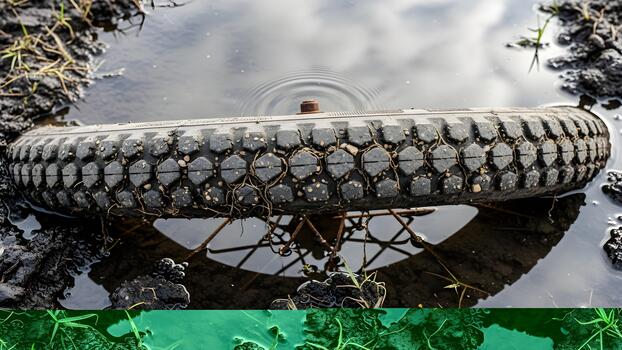 A muddy tire with a hexagonal tread pattern is partially submerged in a puddle surrounded by dark soil and reflecting the sky. photo