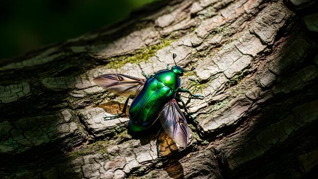 An iridescent green beetle with partially extended wings sits on rough tree bark in natural light. photo