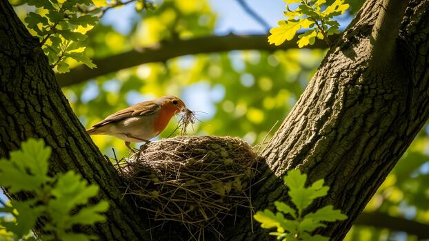 A robin bird is in its nest with food in its beak on a tree branch. photo