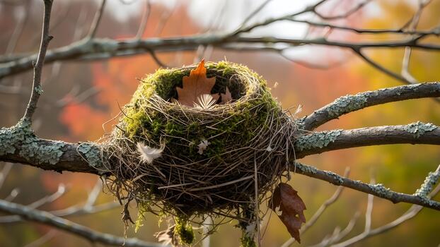 Closeup of an empty birds nest made of twigs and moss featuring an autumn leaf perched on tree branches. photo