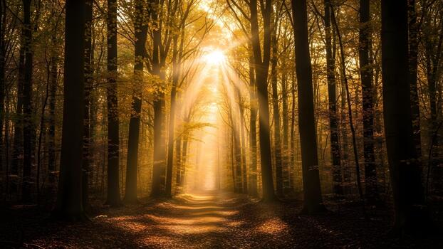 Sunlight streams through the trees in a beautiful forest path. photo