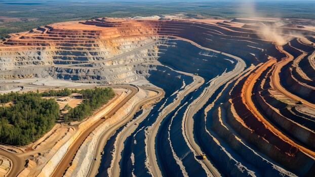 An aerial view of a massive openpit mine with terraced layers winding roads and active operations. photo