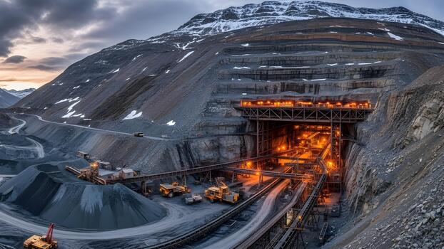 Massive openpit mine with illuminated structures and heavy machinery. photo