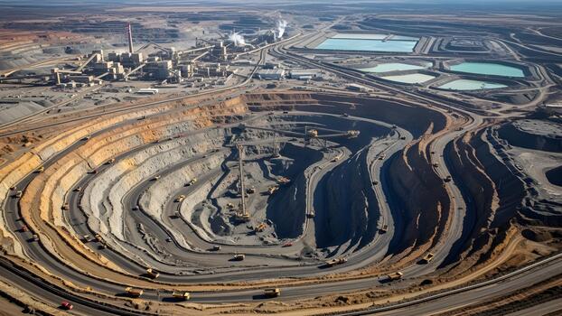Aerial view of a large open pit mine with multiple levels and roads for trucks. photo