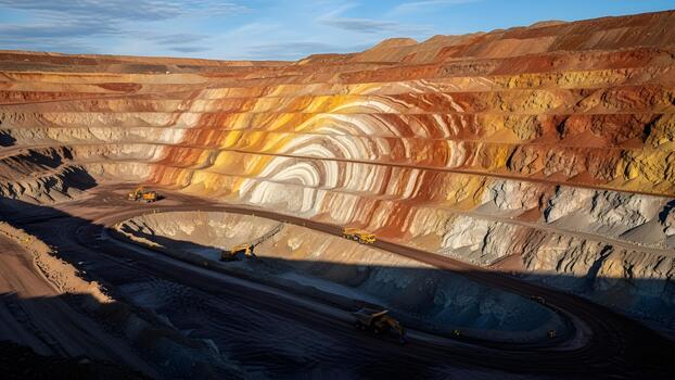 An aerial view showcases a massive open pit mine with colorful rock layers and heavy machinery. photo