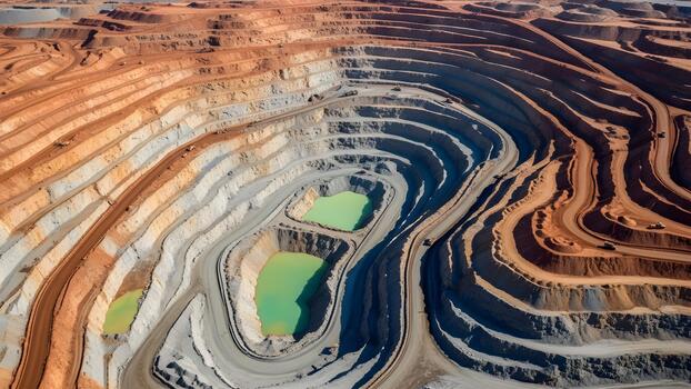 Aerial view of a large openpit mine with terraced levels and pools of water. photo