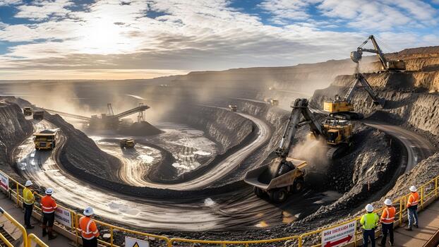 A wide angle view showcases large scale open pit mining with heavy machinery and winding roads under a cloudy sky. photo