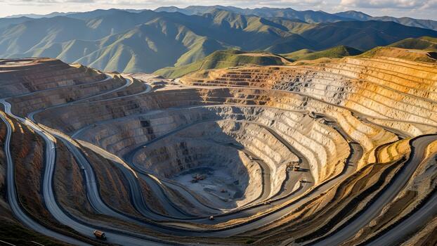 High angle view of an open pit mine surrounded by mountains. photo