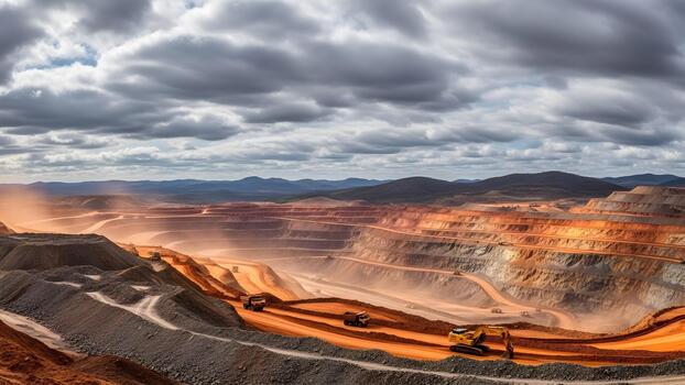 An expansive openpit mine with heavy machinery excavating valuable resources under a cloudy sky. photo