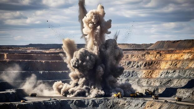 A controlled explosion occurs in a large open pit mine during daylight. photo