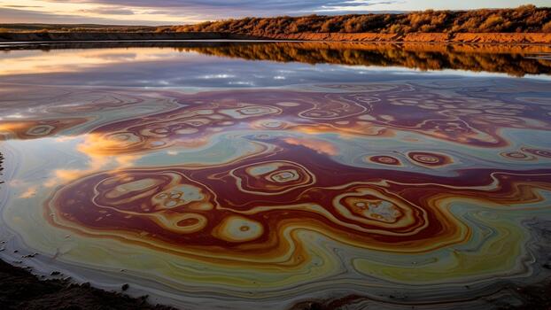 Mesmerizing abstract patterns of rich colors swirl across a reflective water surface under a warm sky. photo