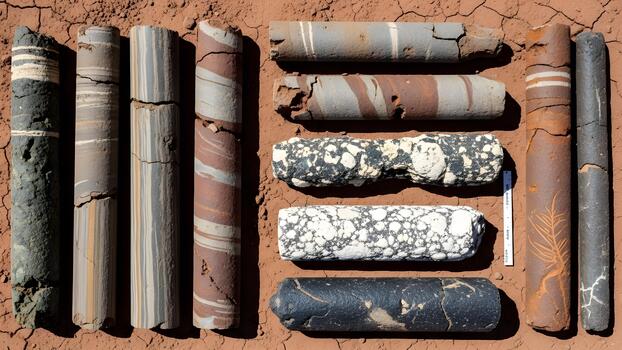 An array of rock core samples shows various geological formations. photo