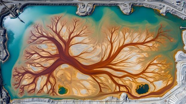 Aerial view of industrial wastewater forming abstract patterns resembling a tree. photo