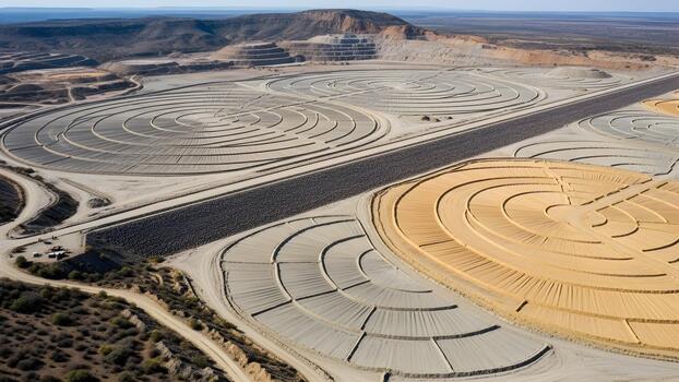Aerial view of a massive industrial site with concentric circular patterns in the desert. photo