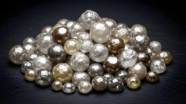 A pile of rough translucent and brown spherical diamonds on a dark surface. photo