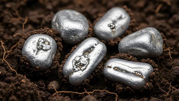 Several shiny metallic nuggets embedded in rich dark soil with visible roots and tendrils. photo