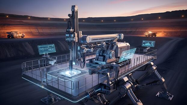 Advanced automated drilling machine operates in a modern openpit mine at dusk. photo